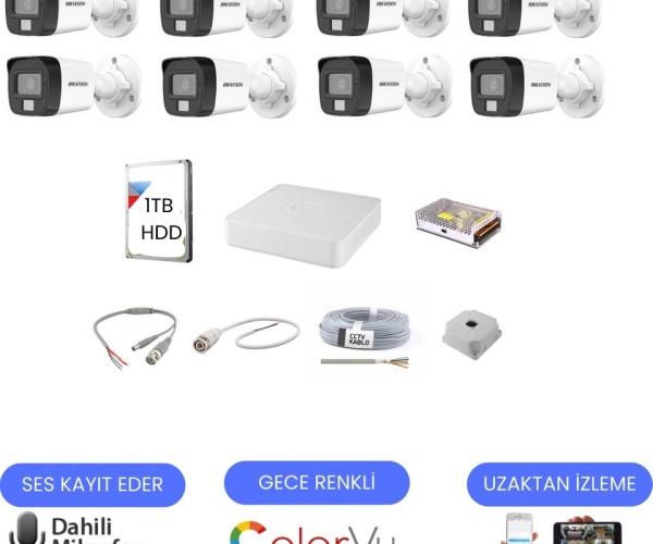 Hikvision 8 Kameralı Dahili Mikrofonlu Gece Renkli Kamera Seti